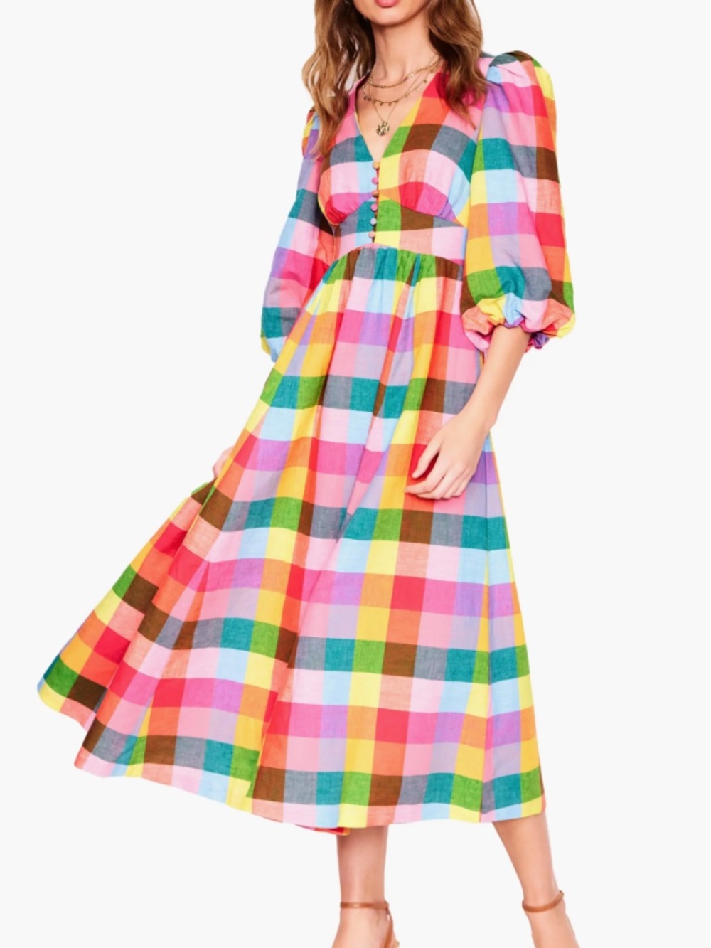 NWT Boden Lola Blouson Maxi Dress US 6R Rainbow Multigingham Linen Cotton
